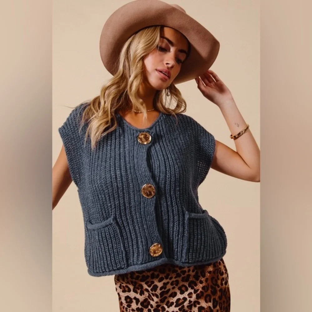 Blue gold button pocket high end bohemian cardigan sweater vest top NWOT